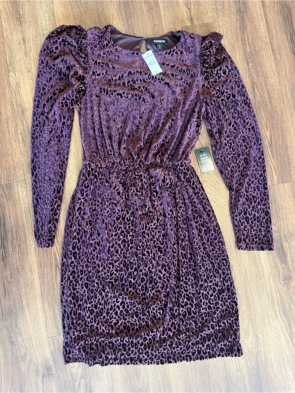 Express Purple Velvet Leopard-Print Long Sleeve Dress with Elastic Waist
